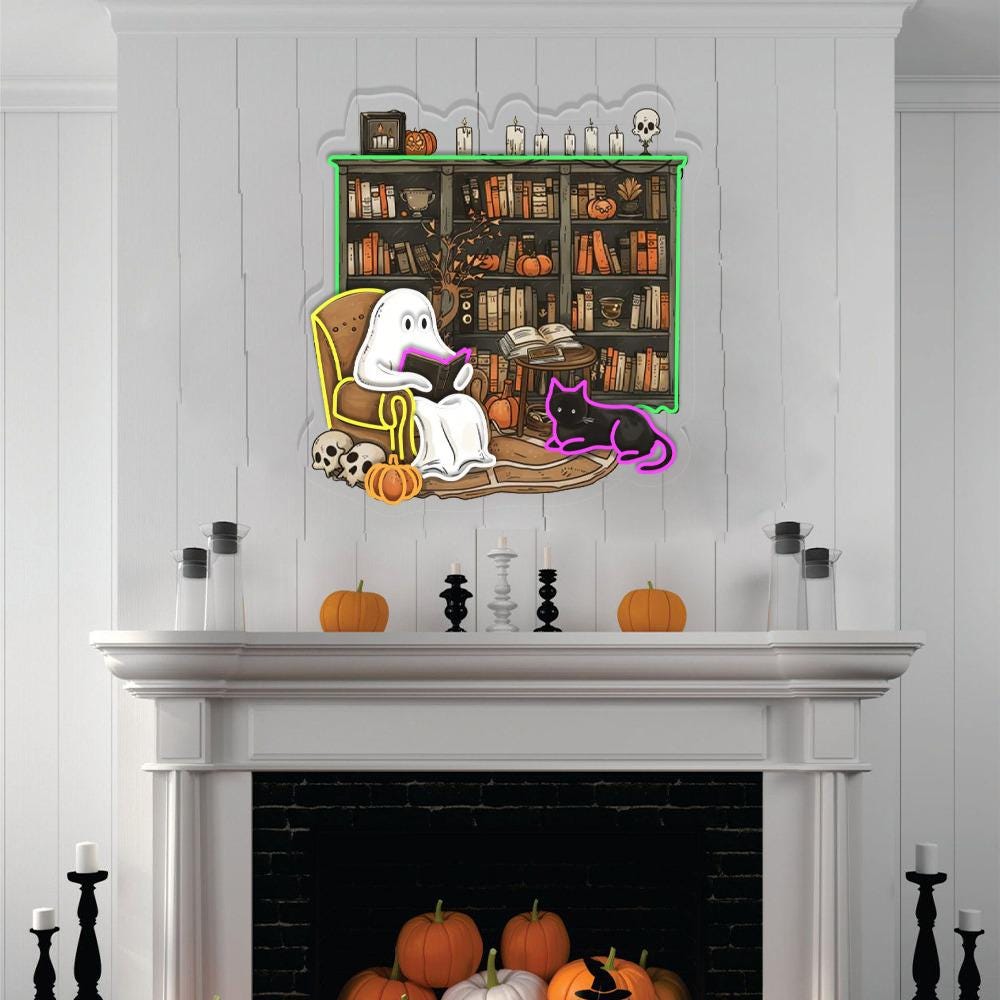 Ghosts Reading Books Neon Sign, Books Lover Ghost Gift, Cute Little Ghost Neon, Librarian Ghost Halloween, Spooky Season Neon, Teacher Gifts