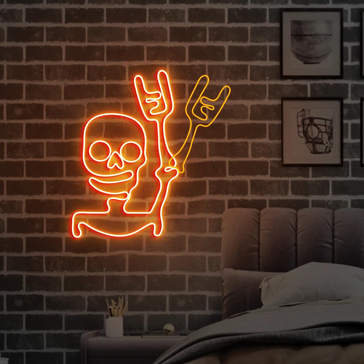 Skeleton Waving Hand Neon Sign, Halloween Skull Door Window Decorations, Funny Skull Waving Light Halloween Party Night Decor