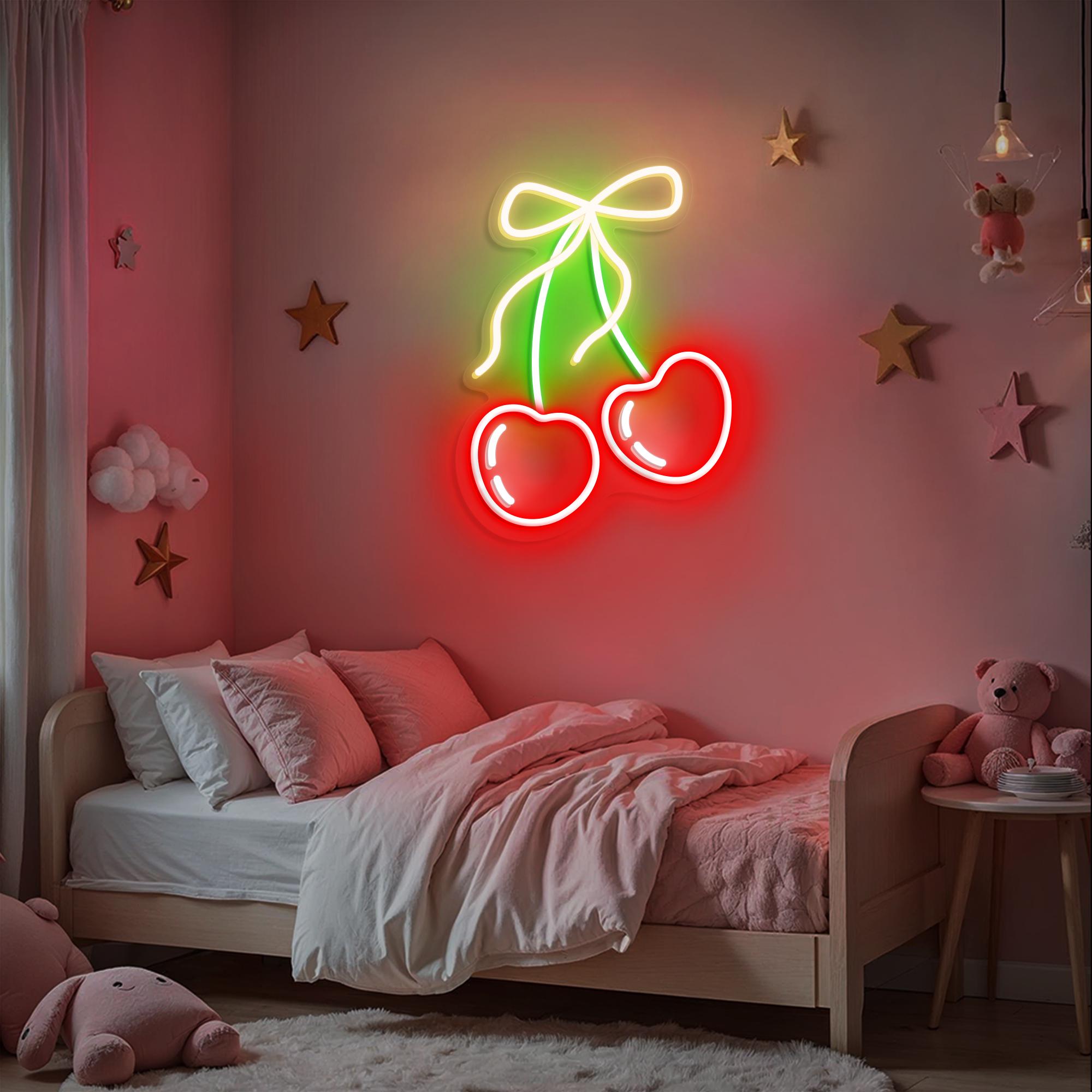 Cherry Neon Sign with Cute Pink Bow LED Wall Light for Bedroom, Bar, and Party Decor, Custom Neon Light Home Decor, Gift For Her