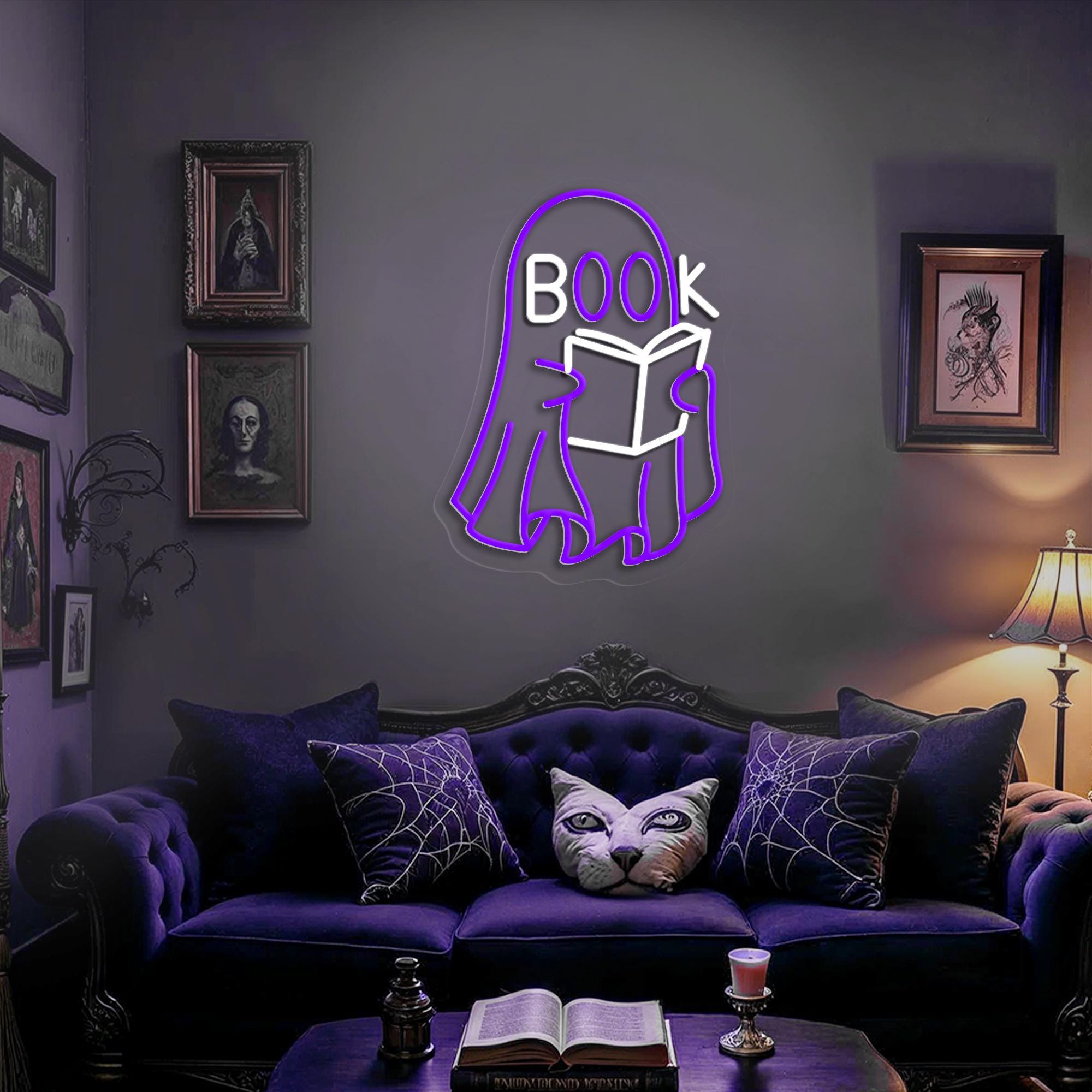 Cute Ghost Neon Light for Bookworms Spooky LED Sign Halloween Aesthetic Decor Reading Nook Decor Bookstore Wall Art Gothic Sign for Library