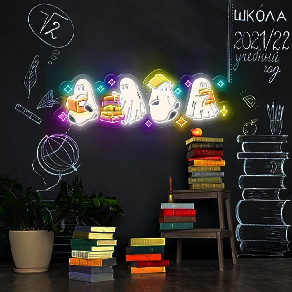Ghosts Reading Books Neon Sign, Books Lover Ghost Gift, Cute Little Ghost Neon, Womens Halloween Neon, Spooky Season Neon, Fall Graphic Neon