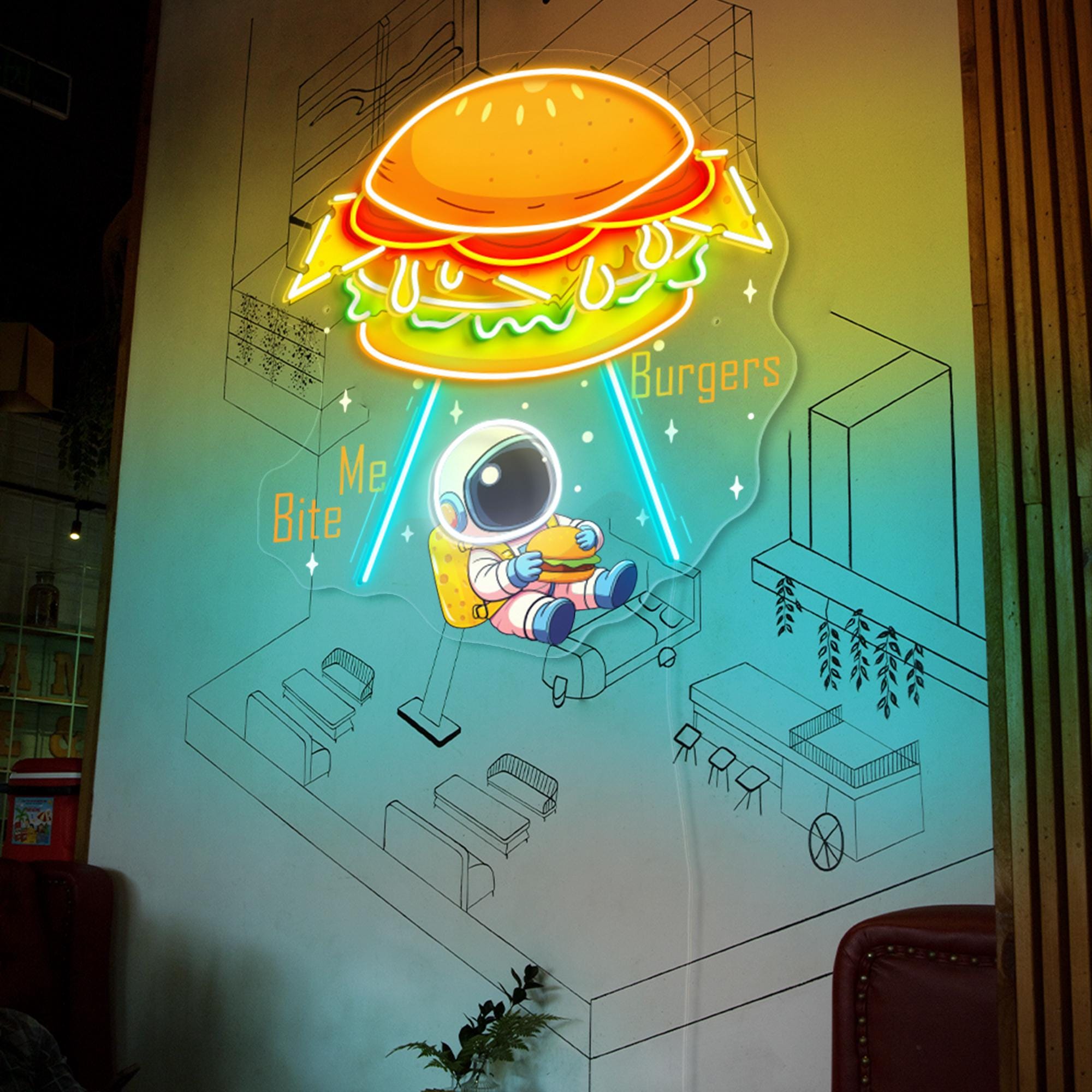 Astronaut Burger Neon Sign Business Logo Sign Custom Led Dimmable Hamburger Neon Light Up Sign Home Decor Fast Food Restaurant Decoration
