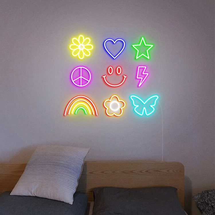 Boho Hippie, Happy Neon Sign, Retro Room Wall Decor, Groovy Decor, Daisy Flower Rainbow Lightning Bolt Star Butterfly, Retro Face Neon Sign
