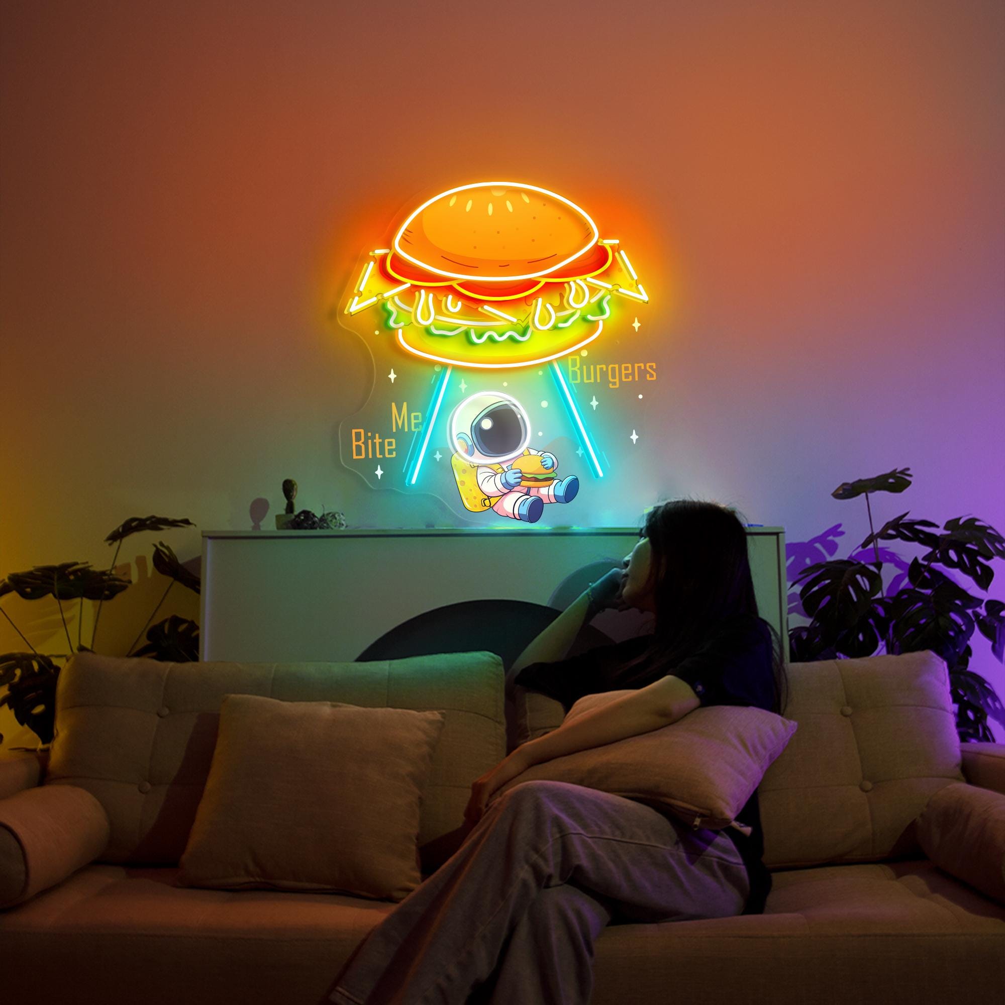 Astronaut Burger Neon Sign Business Logo Sign Custom Led Dimmable Hamburger Neon Light Up Sign Home Decor Fast Food Restaurant Decoration