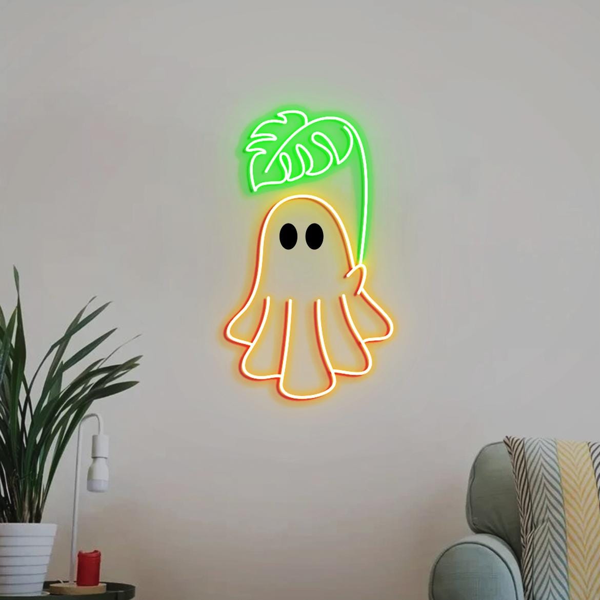 Cute Ghost Monstera Neon Sign, Cute Ghost Neon Light, Monstera Leaf Wall Art, Gifts for Plant Obsessed, Cute Plant Gifts