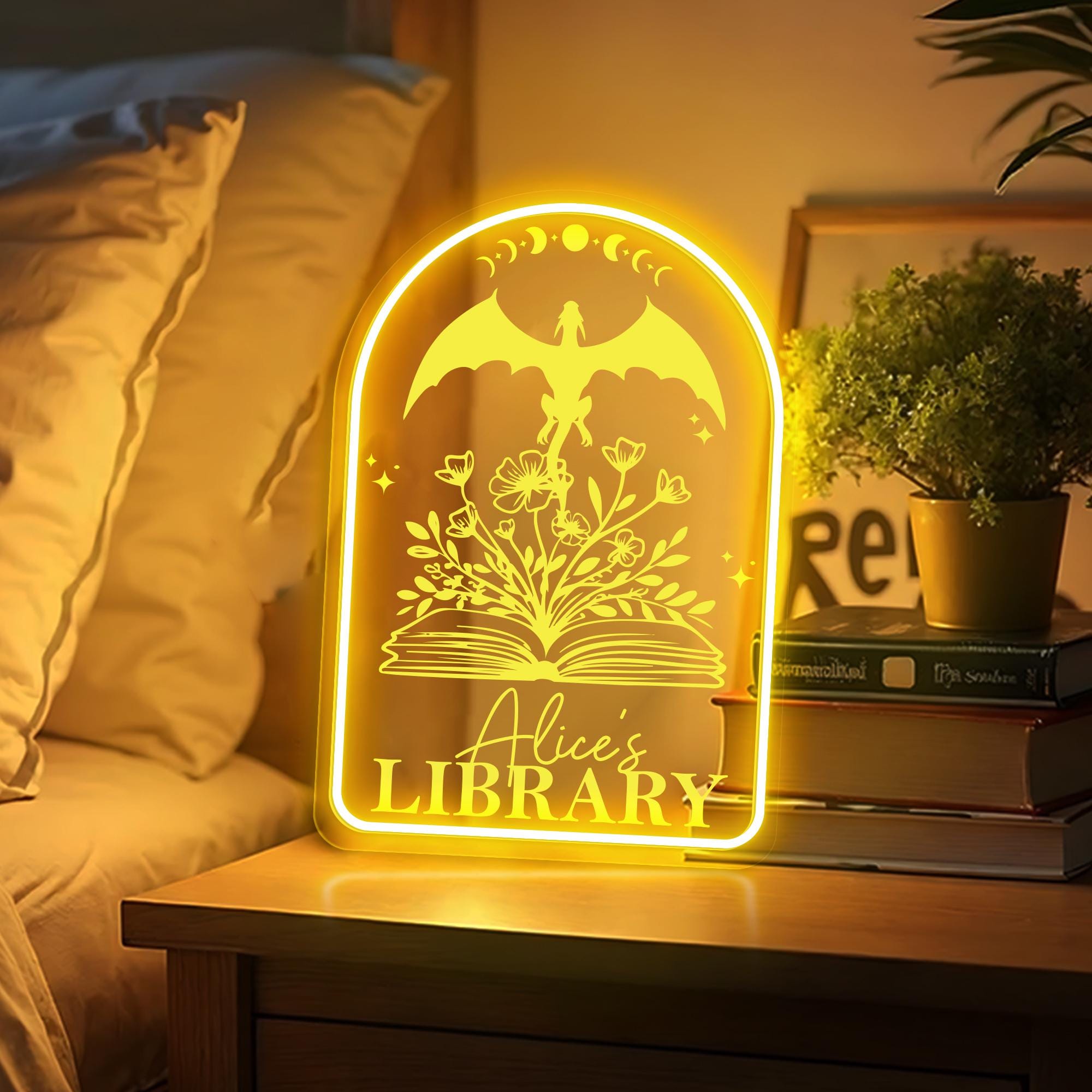 Personalized Library Name LED Neon Sign Fantasy Dragon Custom Name Book Nook Light Reading Corner Decor Gift for Book Lover & Fantasy Reader