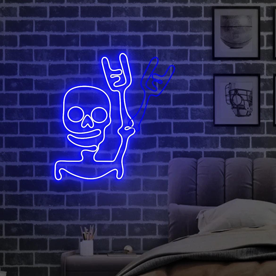 Skeleton Waving Hand Neon Sign, Halloween Skull Door Window Decorations, Funny Skull Waving Light Halloween Party Night Decor