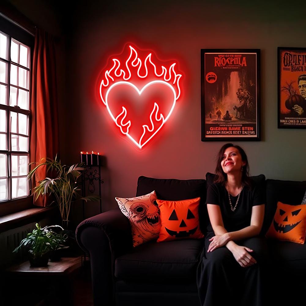 Heart with fire Neon Sign, Love Neon Light, Heart Led Sign Wall Decor, Heart Fire Led Light Sign, Neon Heart Sign, Custom Heart Neon Sign