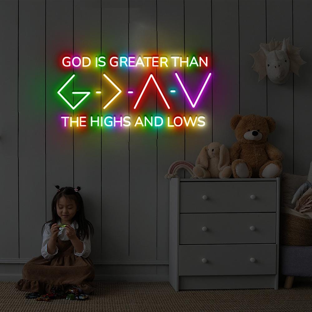 Jesus Neon Sign, God Is Greater Than The Higher And Lows, Christian Neon Sign Wall Decor , Faith Neon Sign, Bible Verse Neon Sign Gifts