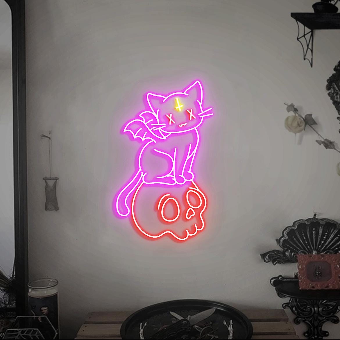 Pastel Goth Cat Neon Light, Kawaii Pastel Goth Cat Led Neon Sign, Cat on the Skull, Cute Pastel Cat for Girl, Pastel Anime Neon Sign Light