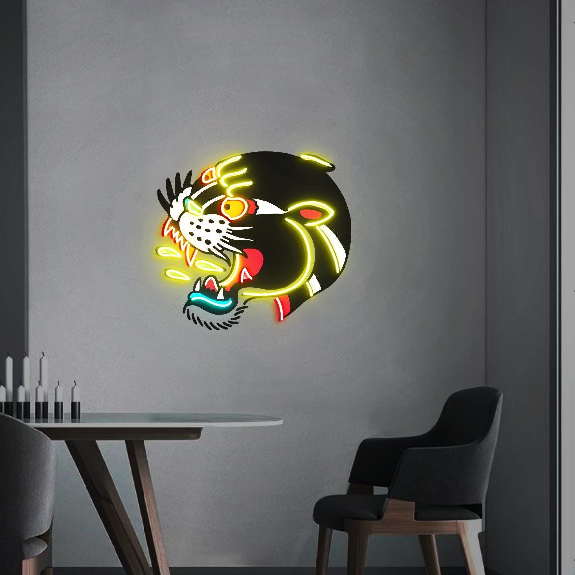 Tattoo Black Panther Neon Sign, UV Printed Black Panther, American Traditional Panther Wall Art, Tattoo Panther Decor, Traditional Tattoo