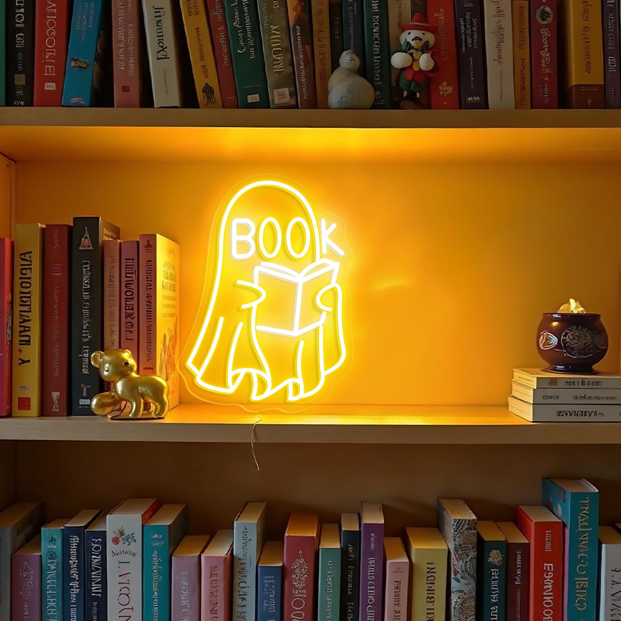 Cute Ghost Neon Light for Bookworms Spooky LED Sign Halloween Aesthetic Decor Reading Nook Decor Bookstore Wall Art Gothic Sign for Library