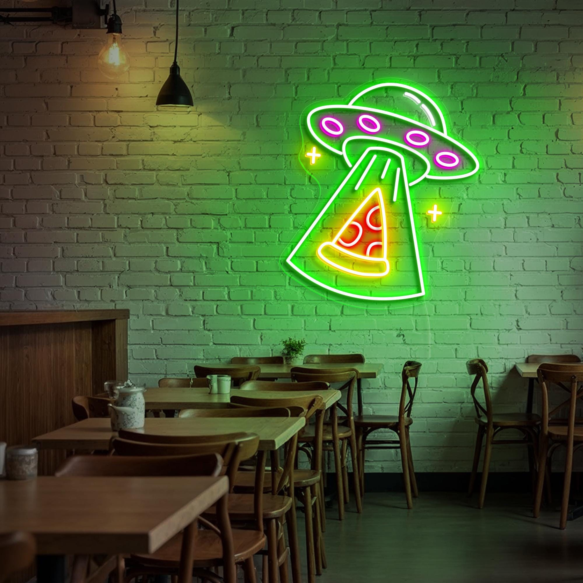 Pizza Custom Neon Sign Pizza Slice Neon Light UFO Space Neon Sign Fast Food Shop Decor Personalized Home Kitchen Decor Restaurant Wall Decor