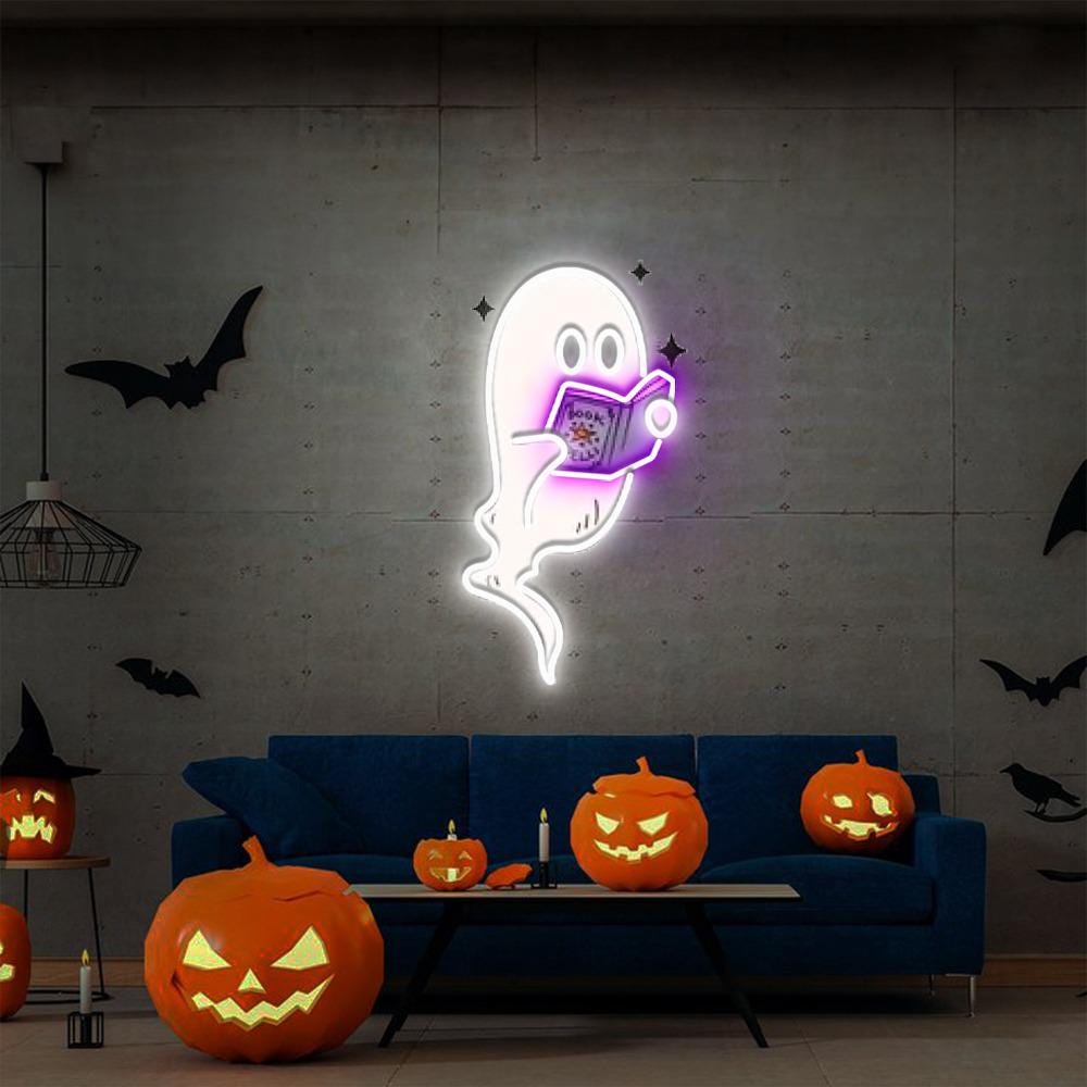 Ghosts Reading Books Neon Sign, Books Lover Ghost Gift, Cute Little Ghost Neon, Womens Halloween Neon, Spooky Season Neon, Fall Graphic Neon