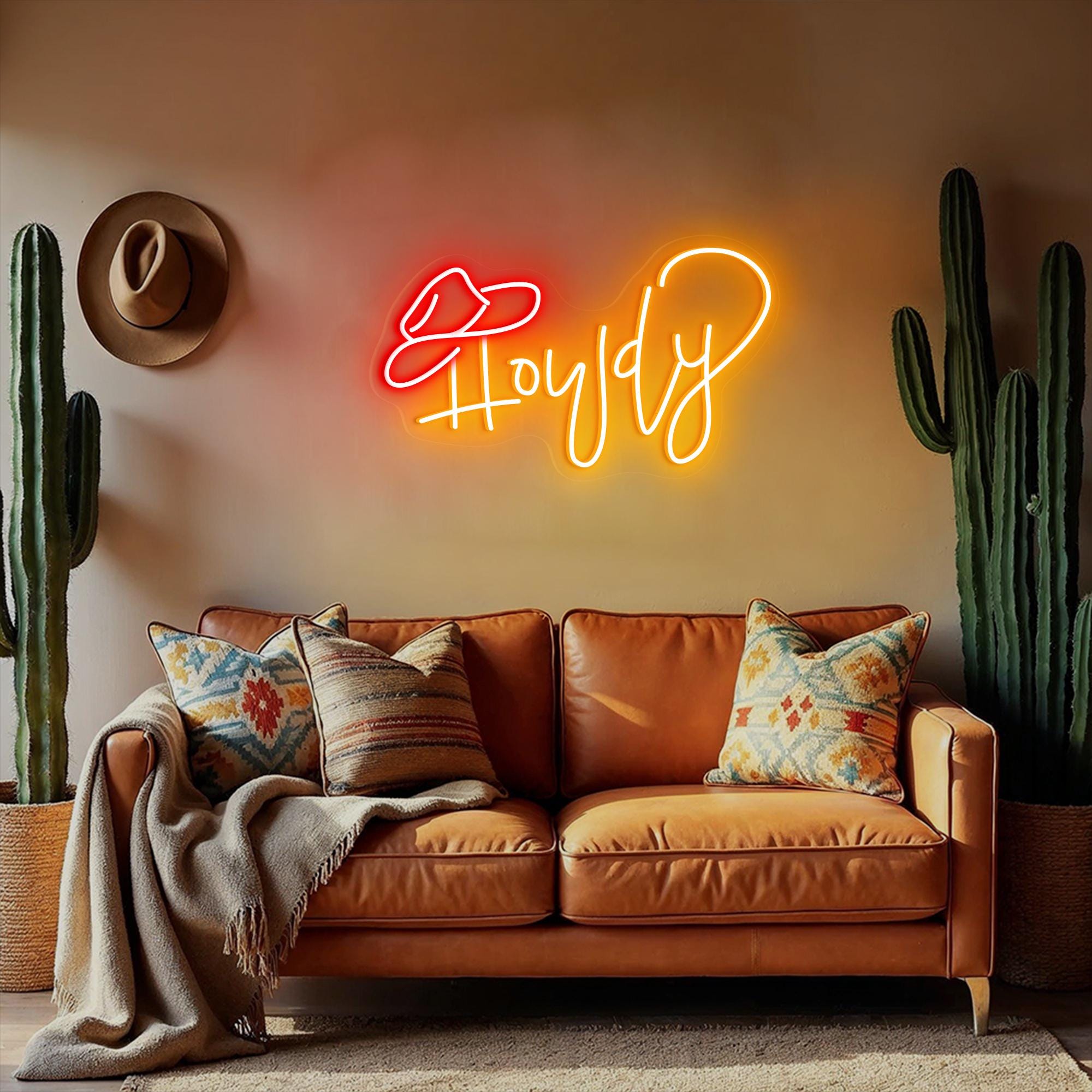 Howdy with Hat Neon Sign, Western Cowgirl LED Neon Light, Howdy Neon Sign, Cowboy Hat Neon Sign, Party Neon Sign, Texas Howdy LED Wall Light