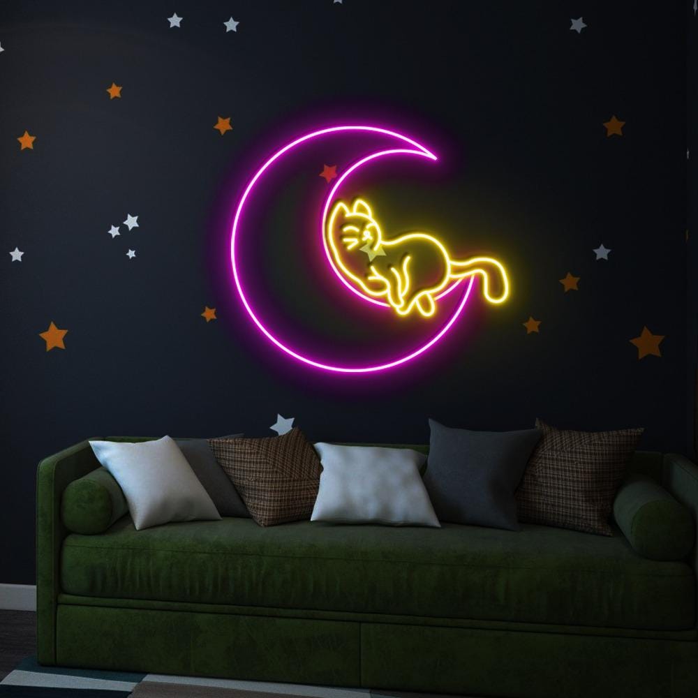 Cat on Moon Neon Sign, Moon Cat LED Wall Art, Kids Room Decor, Cat Lovers Gift, Custom Neon Cat Moon Sign, LED Neon Art, Cat Moon Gift Idea