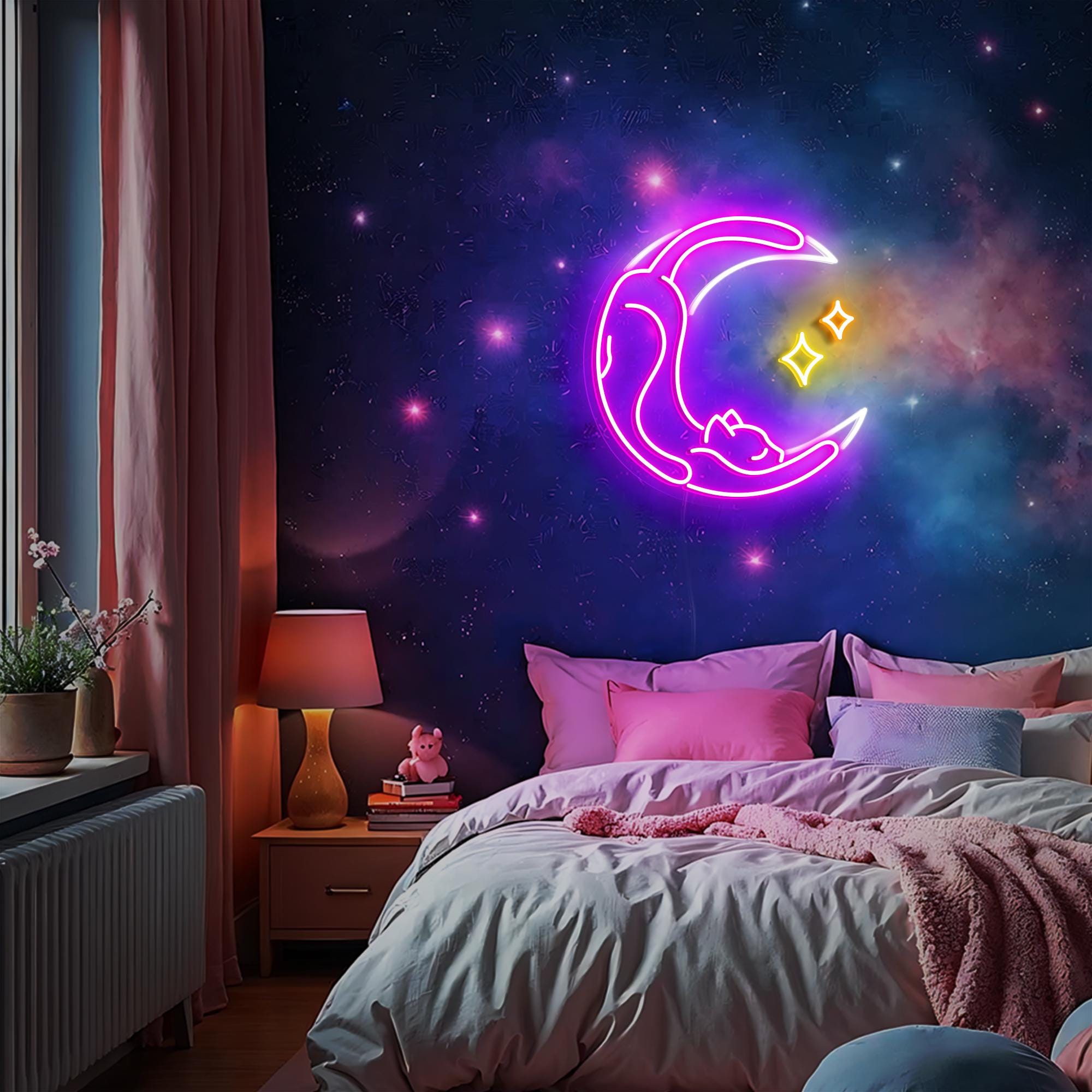 Lazy Cat on Moon Neon Sign Moon Cat Wall Art Kids Room Decor Cat Lovers Gift for Her Custom Neon Sign LED Neon Art Cat Moon Gift Idea