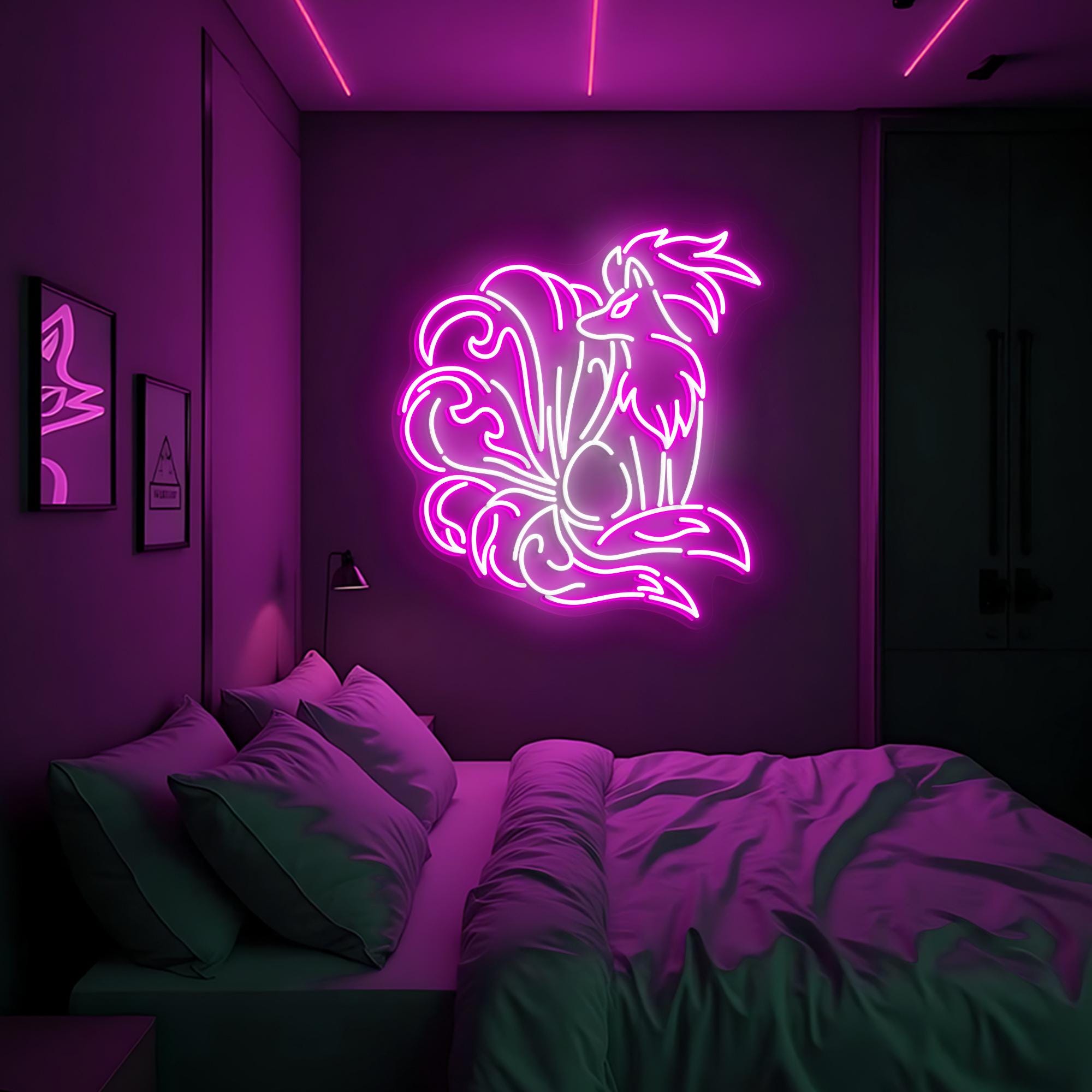 Nine Tailed Fox Anime Neon Sign Kitsune LED Wall Art Anime Gaming Room Decor Cyberpunk LED Light Unique Fantasy Neon Sign Gift for Him