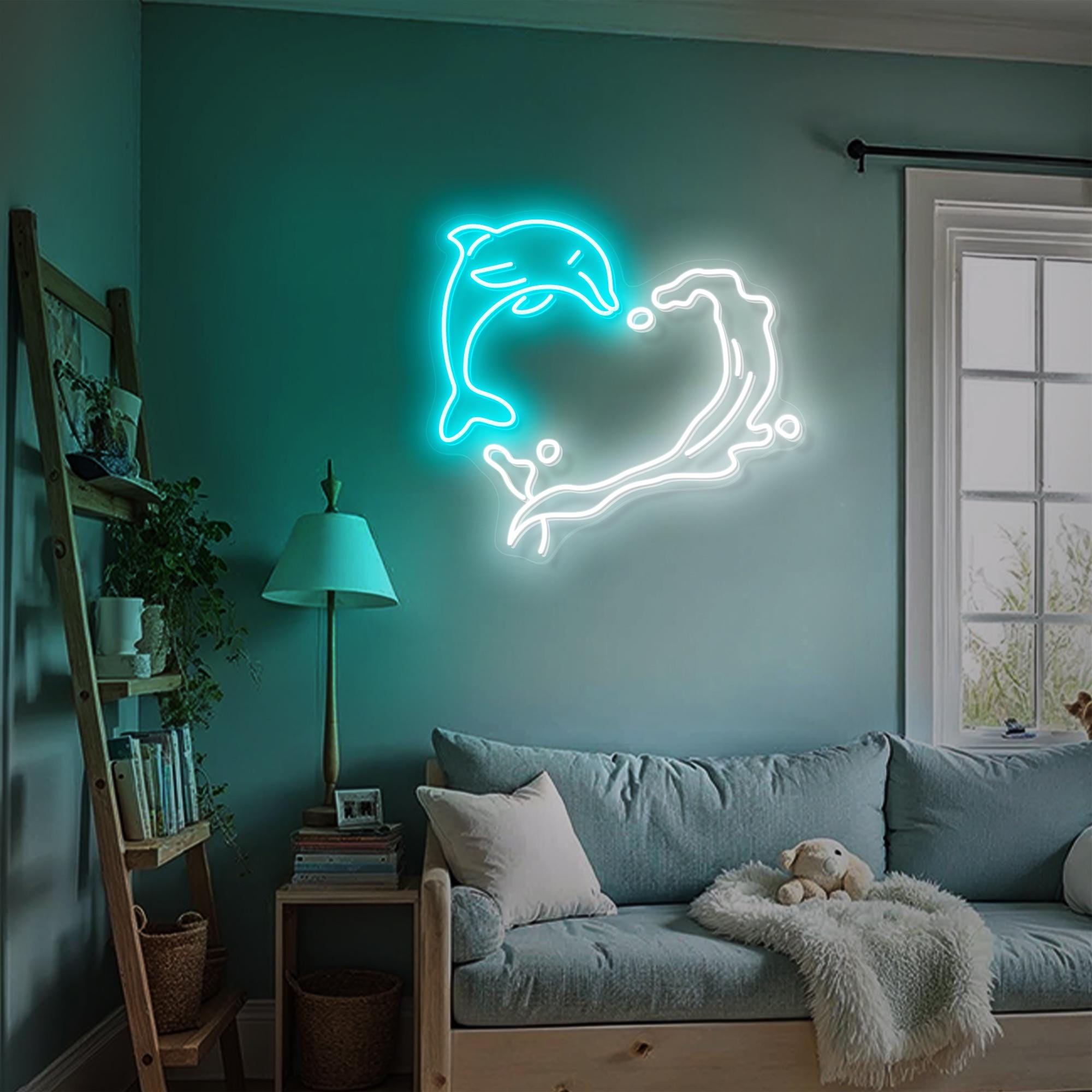Dolphin Heart Neon Sign Ocean Wave Led Neon Light Tropical Theme Decor Coastal Inspired Wall art Gift for Kid ocean lovers Beach Bar Decor