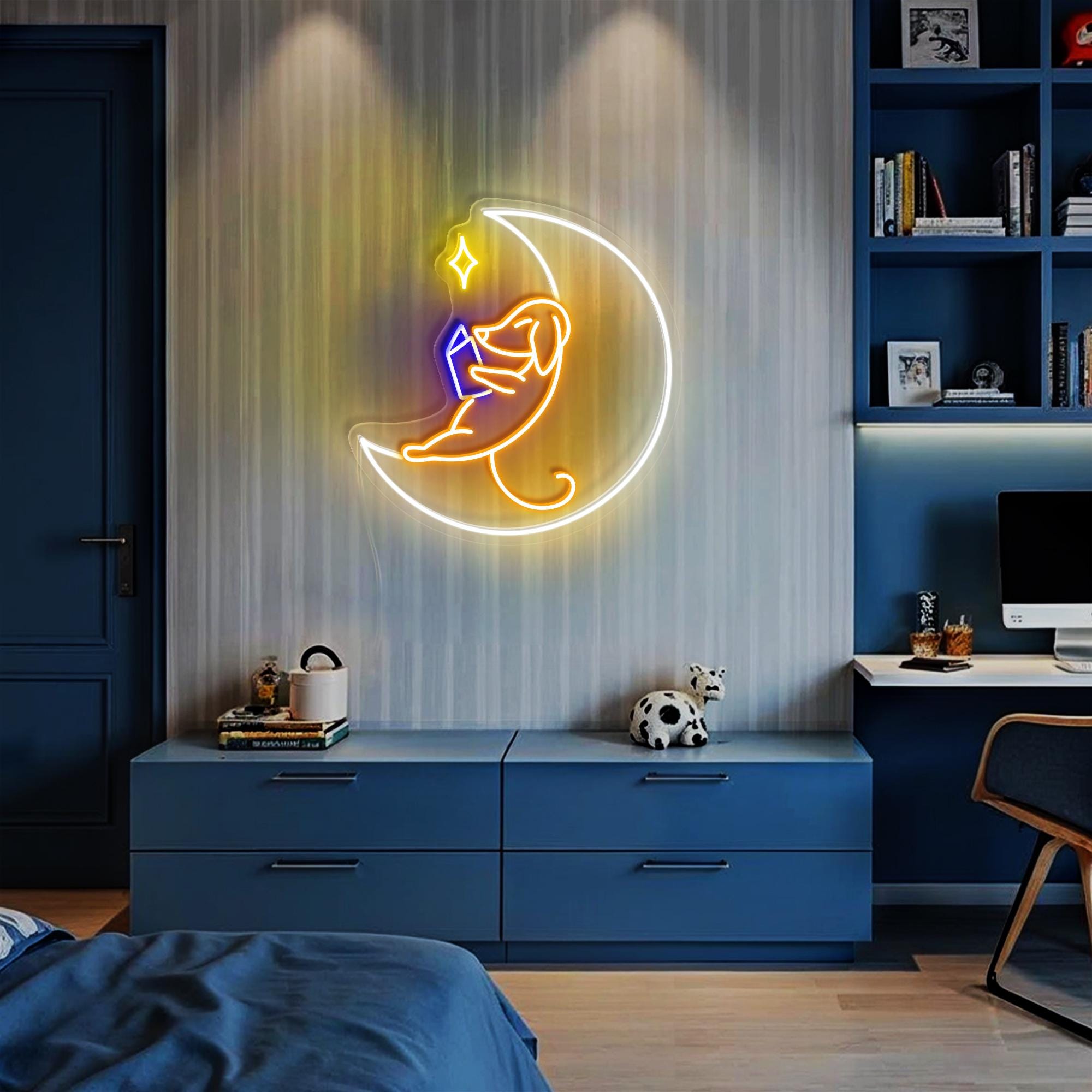 Dachshund Dog Reads Book Neon Sign Moon Neon Sign Book Lover Gift Pet Lover Gift Idea for Kids Personalized Gift Kid Room Decor