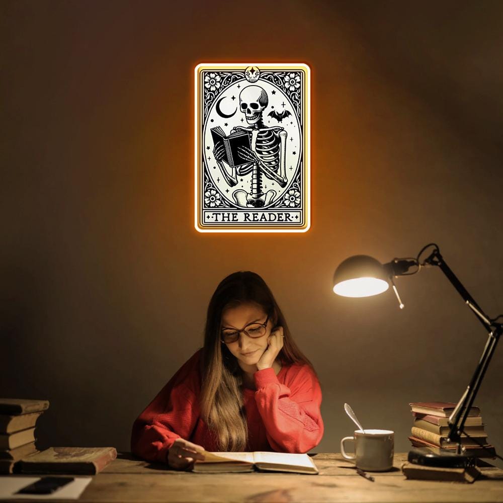 The Reader Tarot Card Neon Sign Gifts, Skeleton Reading Neon Sign, Book Lover Gift For Women, Book Lover Neon Sign, Tarot Card Neon Sign
