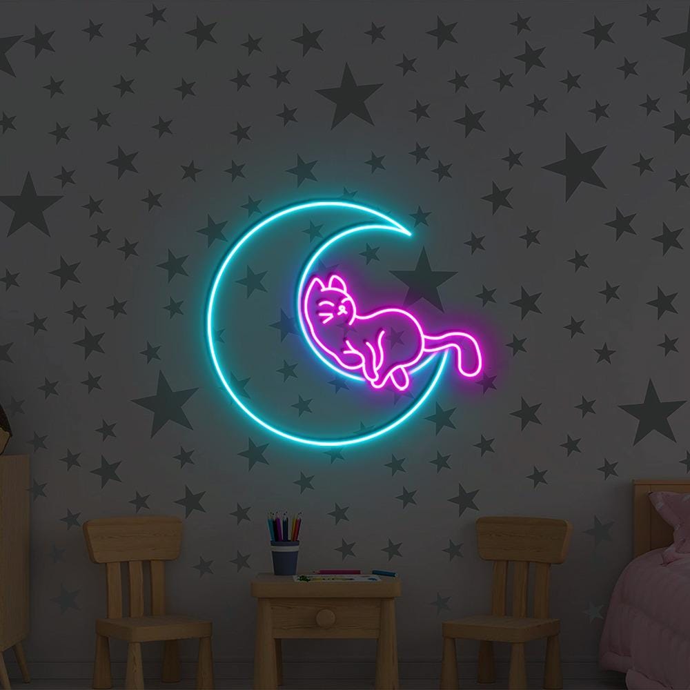 Cat on Moon Neon Sign, Moon Cat LED Wall Art, Kids Room Decor, Cat Lovers Gift, Custom Neon Cat Moon Sign, LED Neon Art, Cat Moon Gift Idea
