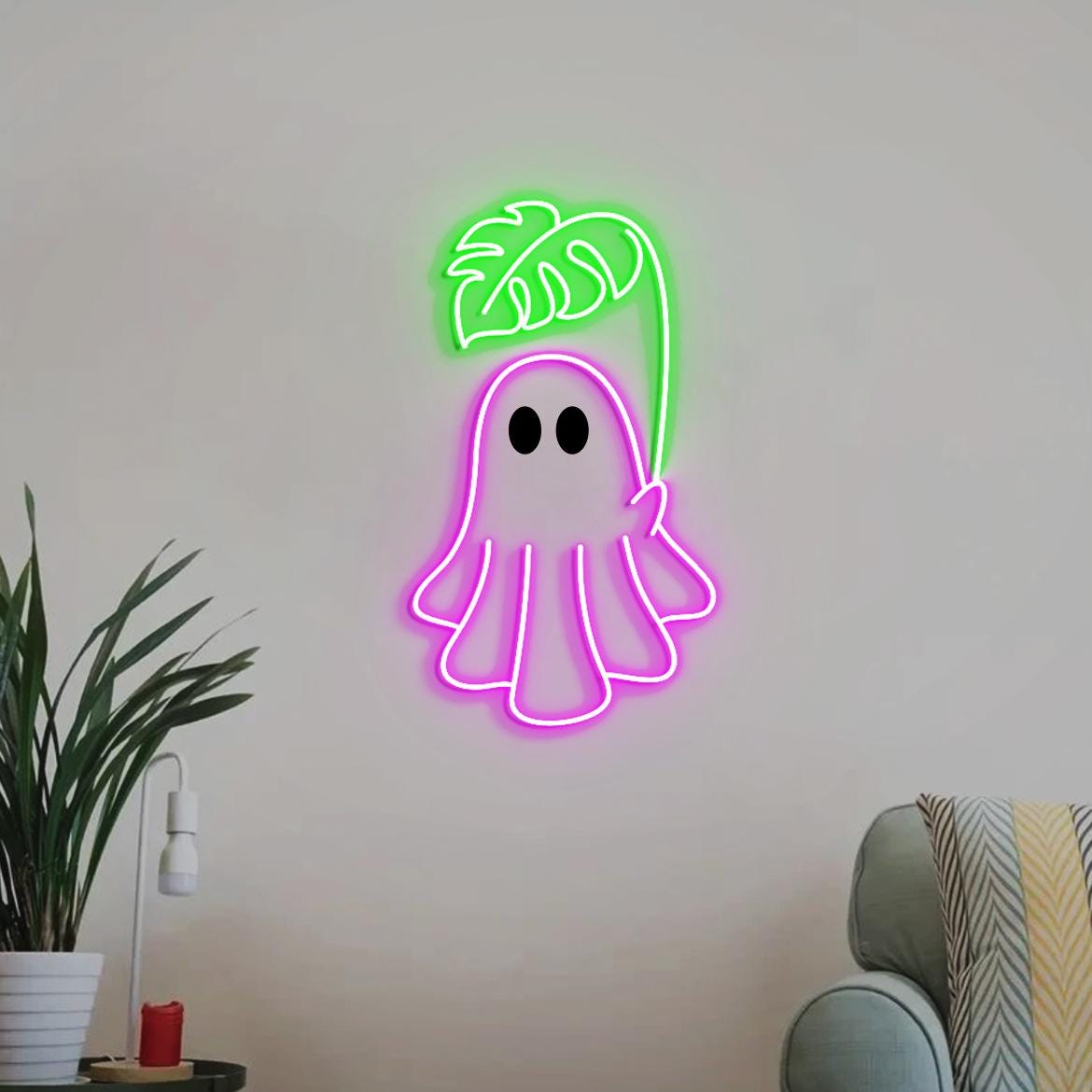 Cute Ghost Monstera Neon Sign, Cute Ghost Neon Light, Monstera Leaf Wall Art, Gifts for Plant Obsessed, Cute Plant Gifts