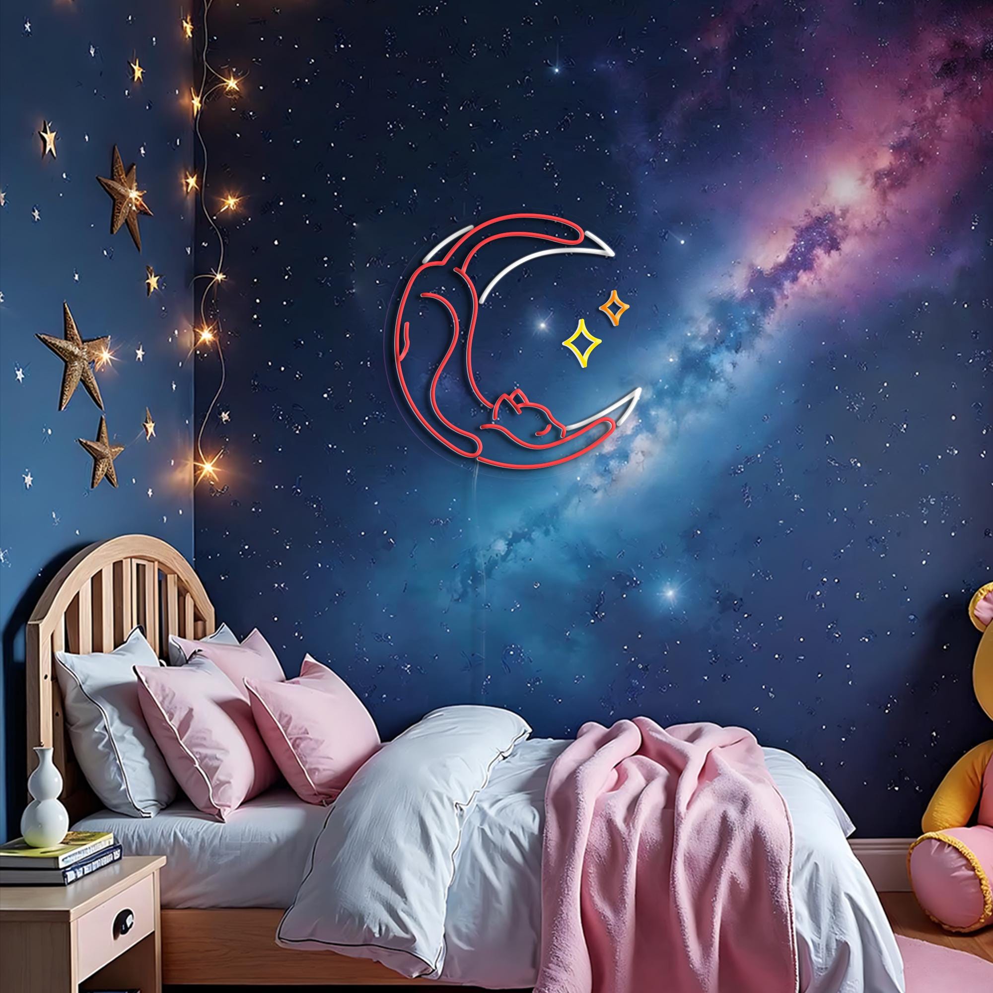 Lazy Cat on Moon Neon Sign Moon Cat Wall Art Kids Room Decor Cat Lovers Gift for Her Custom Neon Sign LED Neon Art Cat Moon Gift Idea