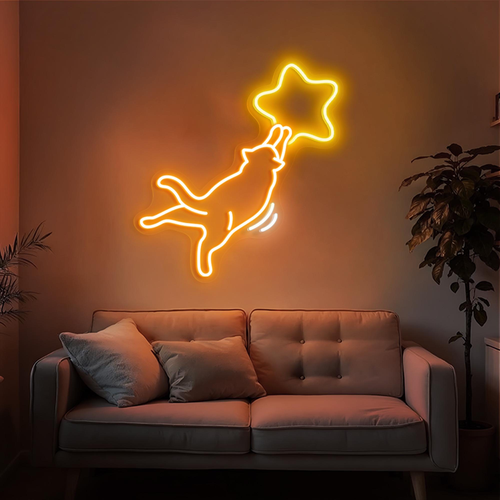 Star Cat Neon Sign, Fun LED Lights Wall Decor Gift for Kids Friends, Cute Bedroom Mood Light, Kawaii Cat Lover, Home Decor Neon Light