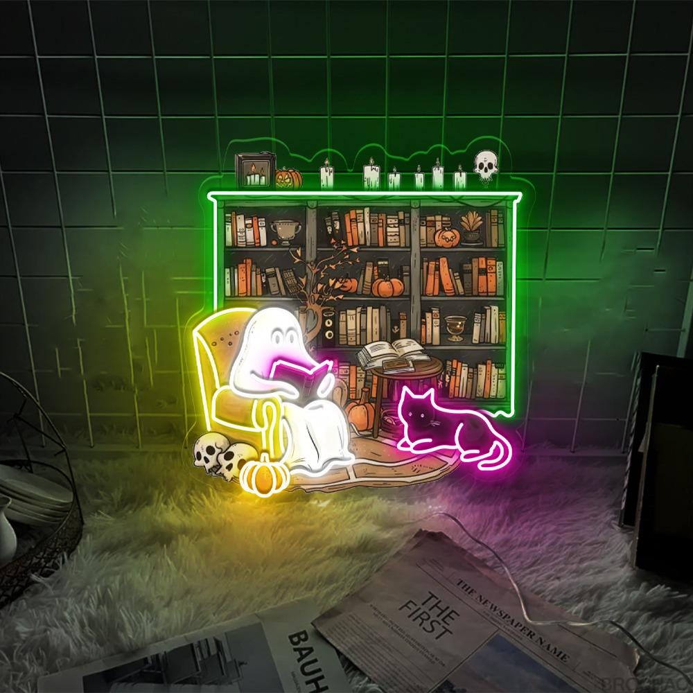 Ghosts Reading Books Neon Sign, Books Lover Ghost Gift, Cute Little Ghost Neon, Librarian Ghost Halloween, Spooky Season Neon, Teacher Gifts