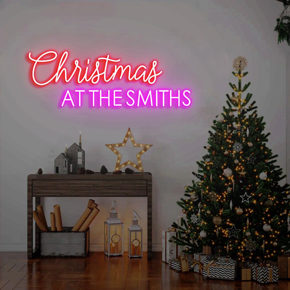 Christmas At The Name Sign Neon Light, Christmas Family Surname Sign, Custom Christmas Gift Idea, Xmas Decor Wall, Christmas Present Family