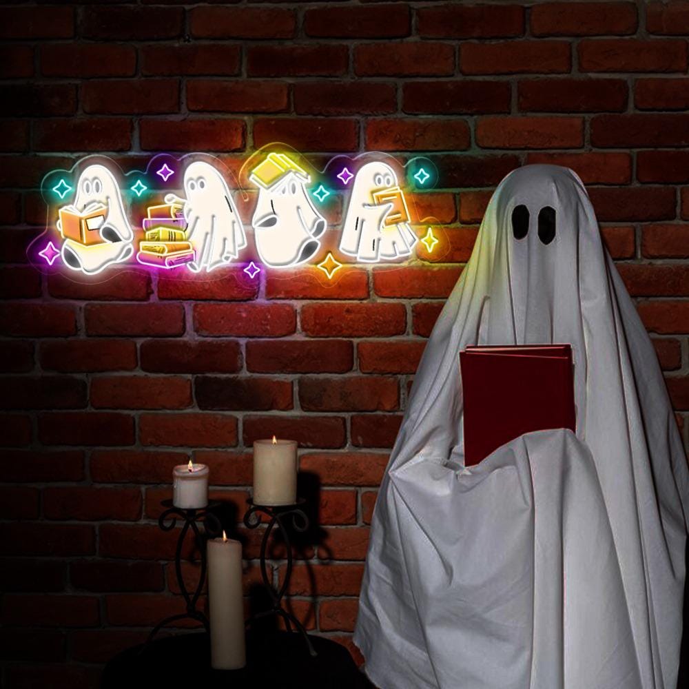 Ghosts Reading Books Neon Sign, Books Lover Ghost Gift, Cute Little Ghost Neon, Womens Halloween Neon, Spooky Season Neon, Fall Graphic Neon