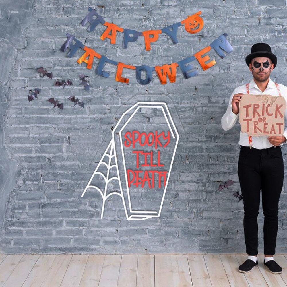 Spooky Till Death Neon Sign Gifts, Pumpkin Skeleton Neon Sign, Ghost Neon Led, Spooky Season Gift, Halloween Party Neon Led, Fall Ghost Neon