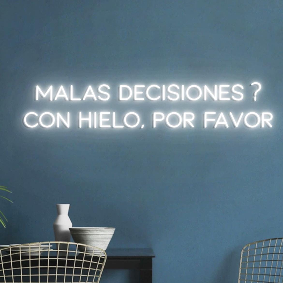 Custom Neon Sign Malas Decisiones Con Hielo Por Favor, Spanish Bar Decor, Decor Bar Spanish Style, Neon Light in the Bar