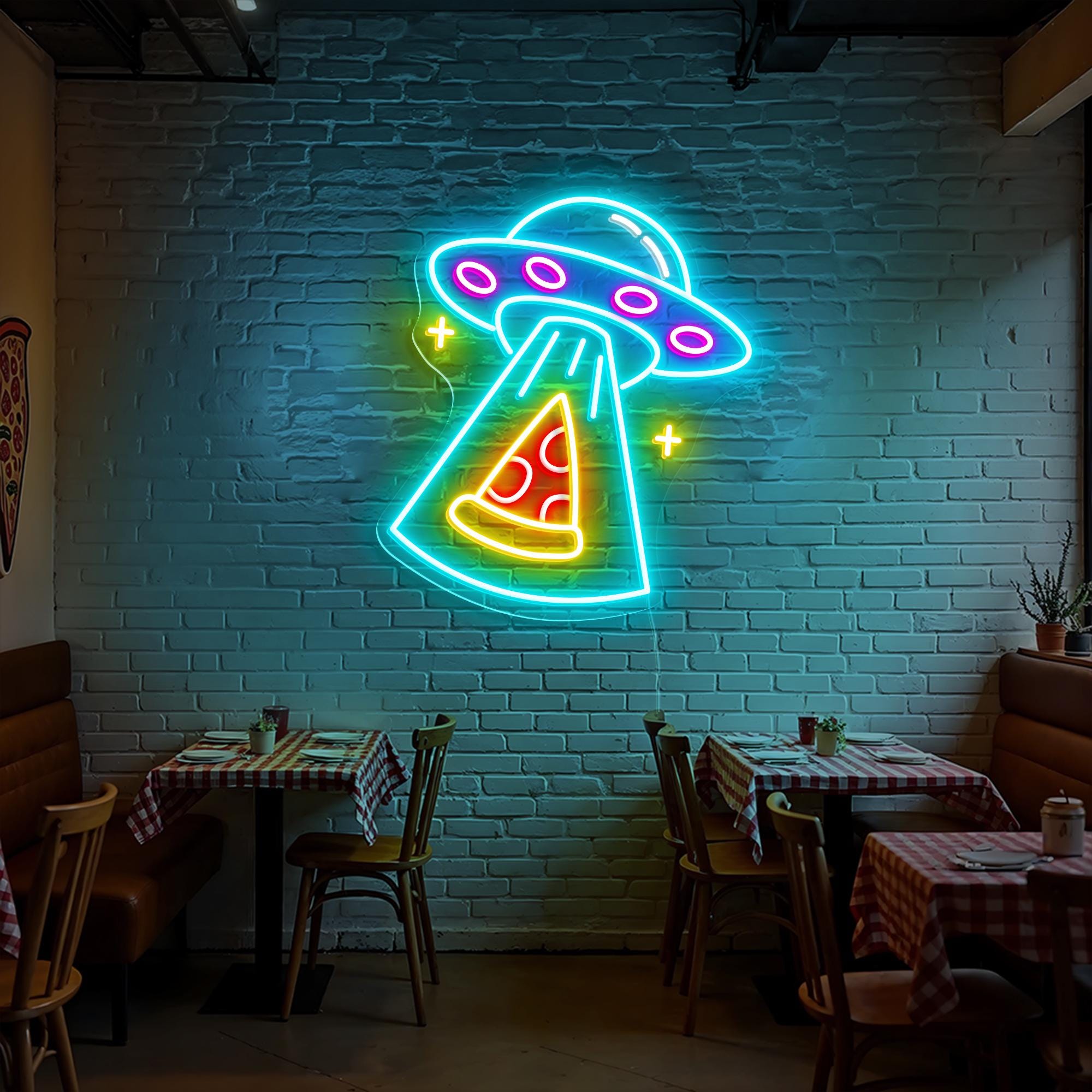 Pizza Custom Neon Sign Pizza Slice Neon Light UFO Space Neon Sign Fast Food Shop Decor Personalized Home Kitchen Decor Restaurant Wall Decor