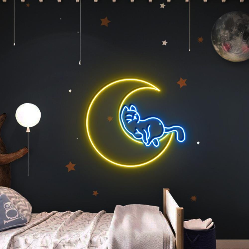 Cat on Moon Neon Sign, Moon Cat LED Wall Art, Kids Room Decor, Cat Lovers Gift, Custom Neon Cat Moon Sign, LED Neon Art, Cat Moon Gift Idea