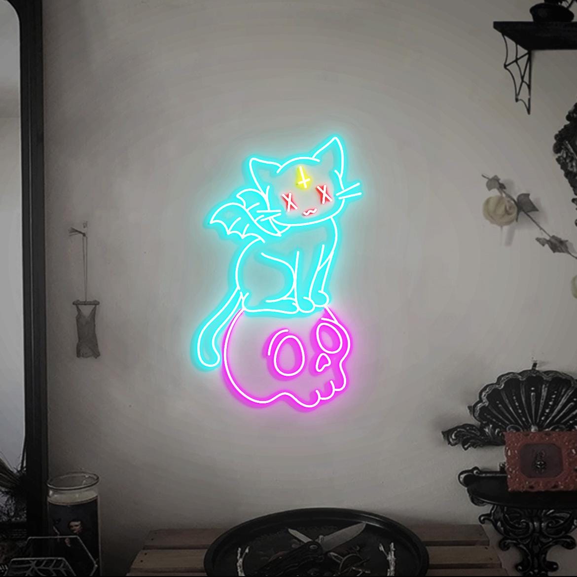 Pastel Goth Cat Neon Light, Kawaii Pastel Goth Cat Led Neon Sign, Cat on the Skull, Cute Pastel Cat for Girl, Pastel Anime Neon Sign Light