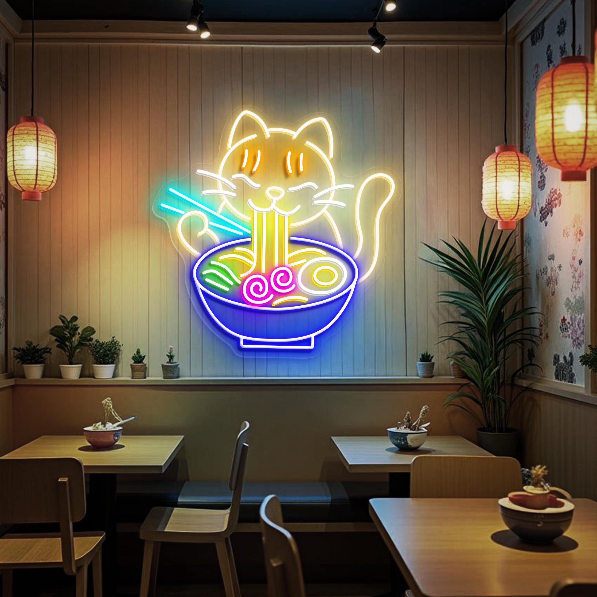 Ramen Cat Neon Sign Cute Kawaii LED Light, Japanese Noodle Shop Decor, Anime Aesthetic Wall Art, Fun Gift for Cat and Food Lovers