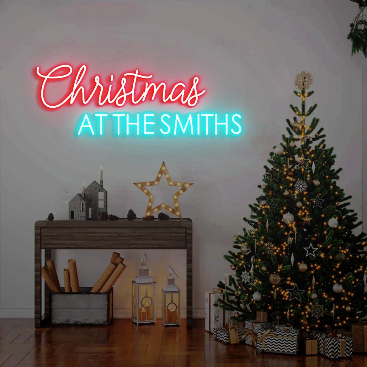 Christmas At The Name Sign Neon Light, Christmas Family Surname Sign, Custom Christmas Gift Idea, Xmas Decor Wall, Christmas Present Family