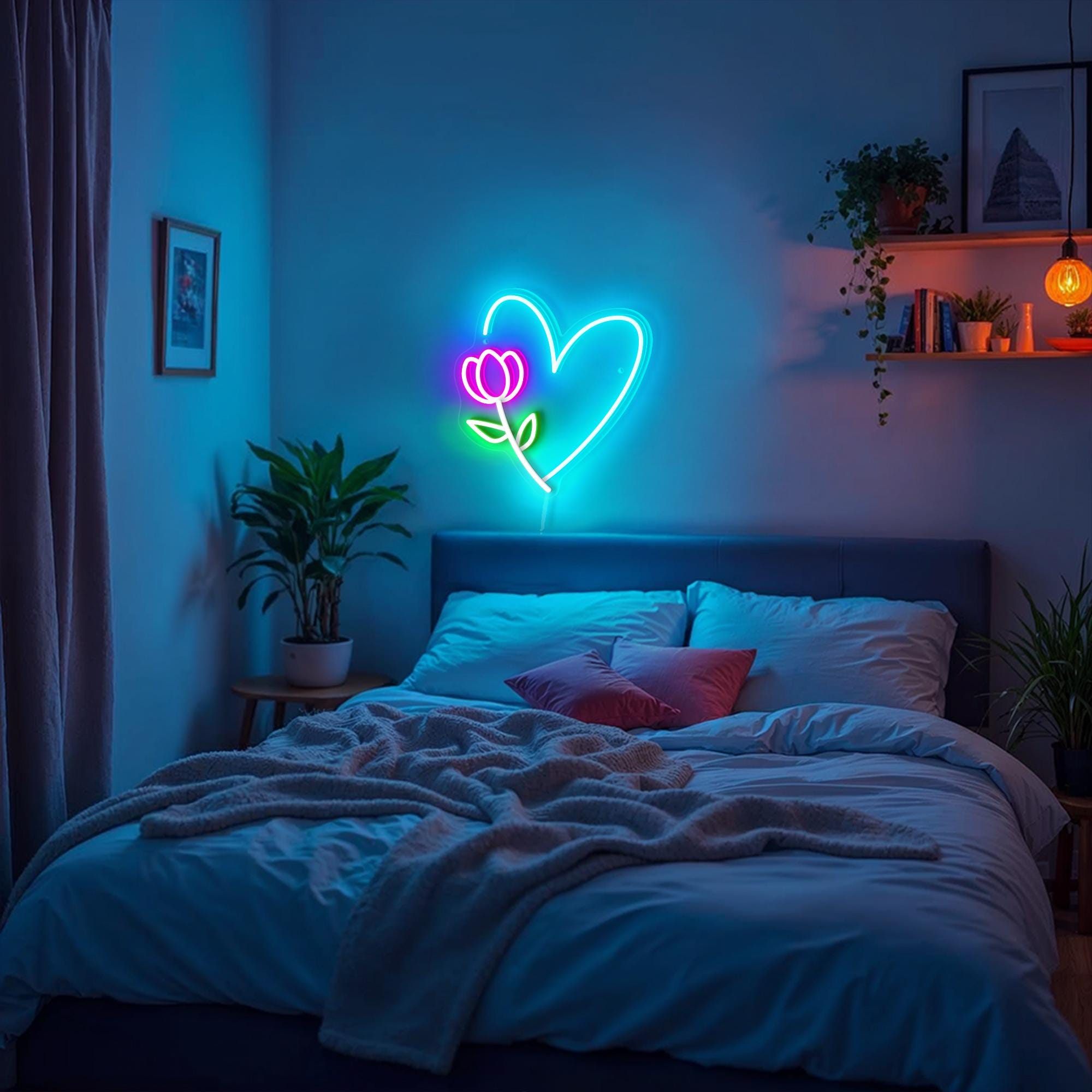 Tulip Flower and Heart Neon Sign Personalized Valentine Gift for Her Aesthetic Room Decor Mothers Day Gift Nail Salon Decor Kids Room Decor