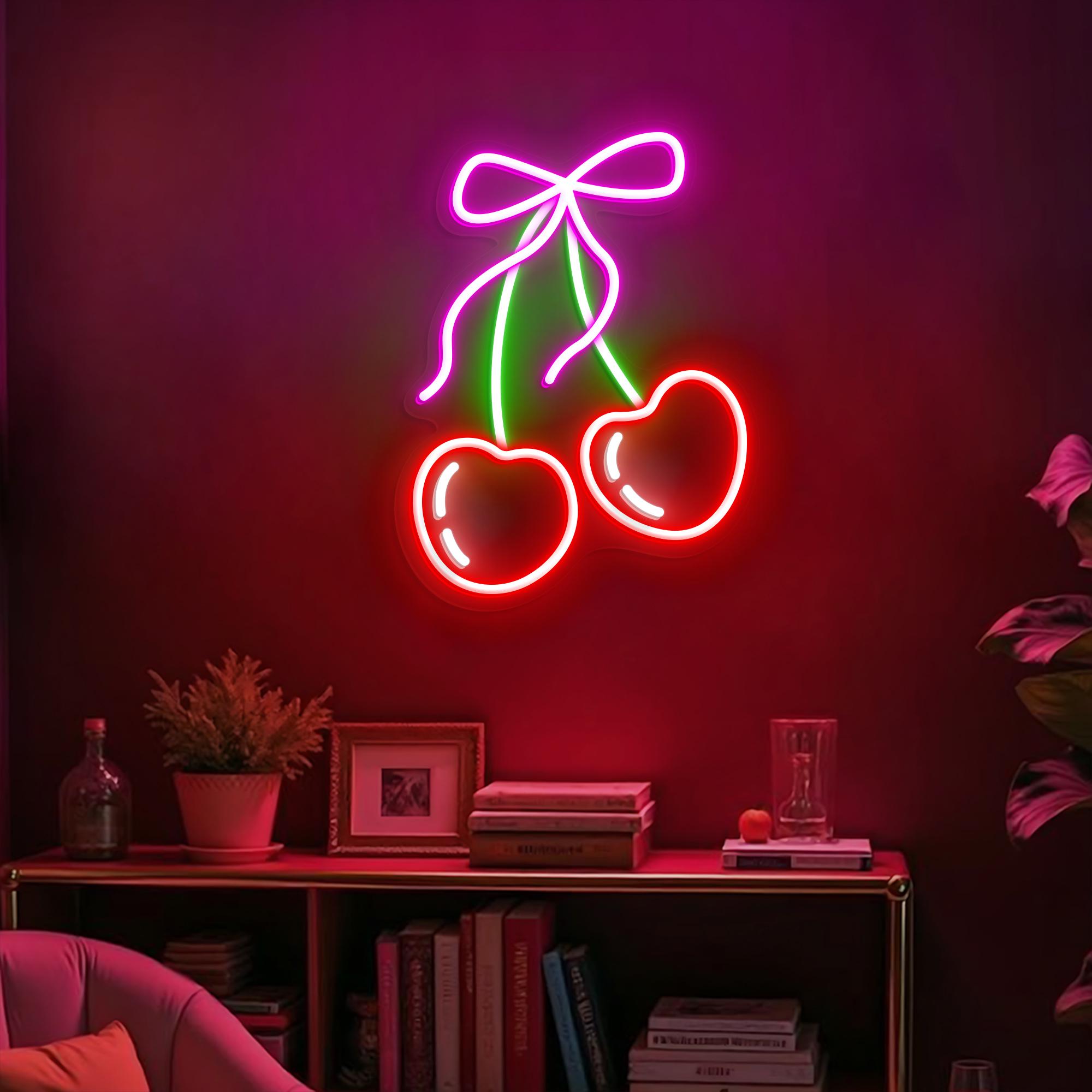 Cherry Neon Sign with Cute Pink Bow LED Wall Light for Bedroom, Bar, and Party Decor, Custom Neon Light Home Decor, Gift For Her