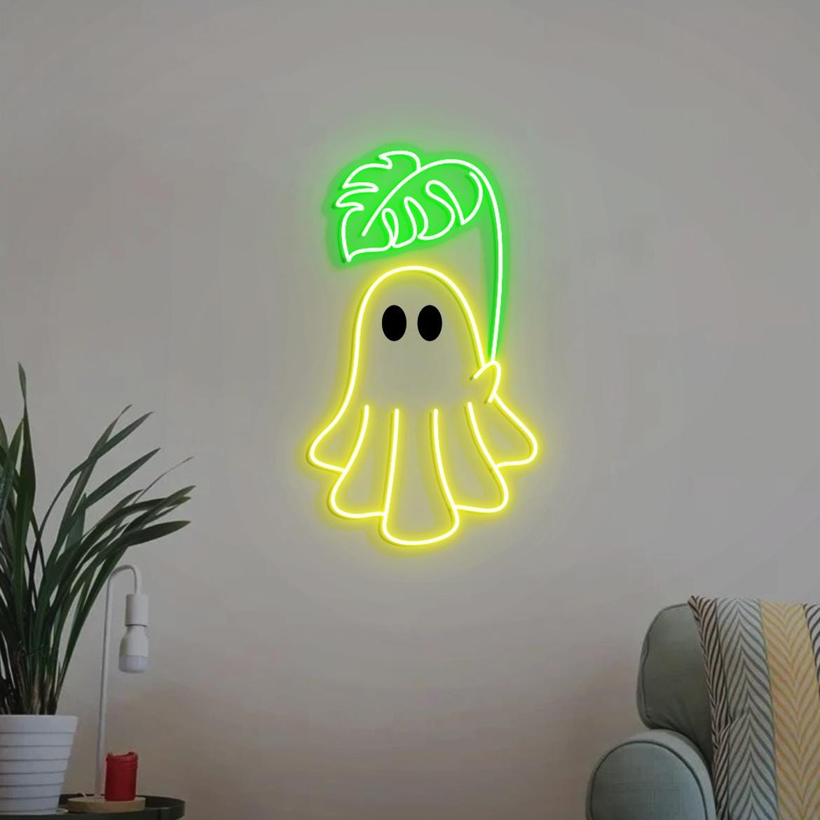 Cute Ghost Monstera Neon Sign, Cute Ghost Neon Light, Monstera Leaf Wall Art, Gifts for Plant Obsessed, Cute Plant Gifts