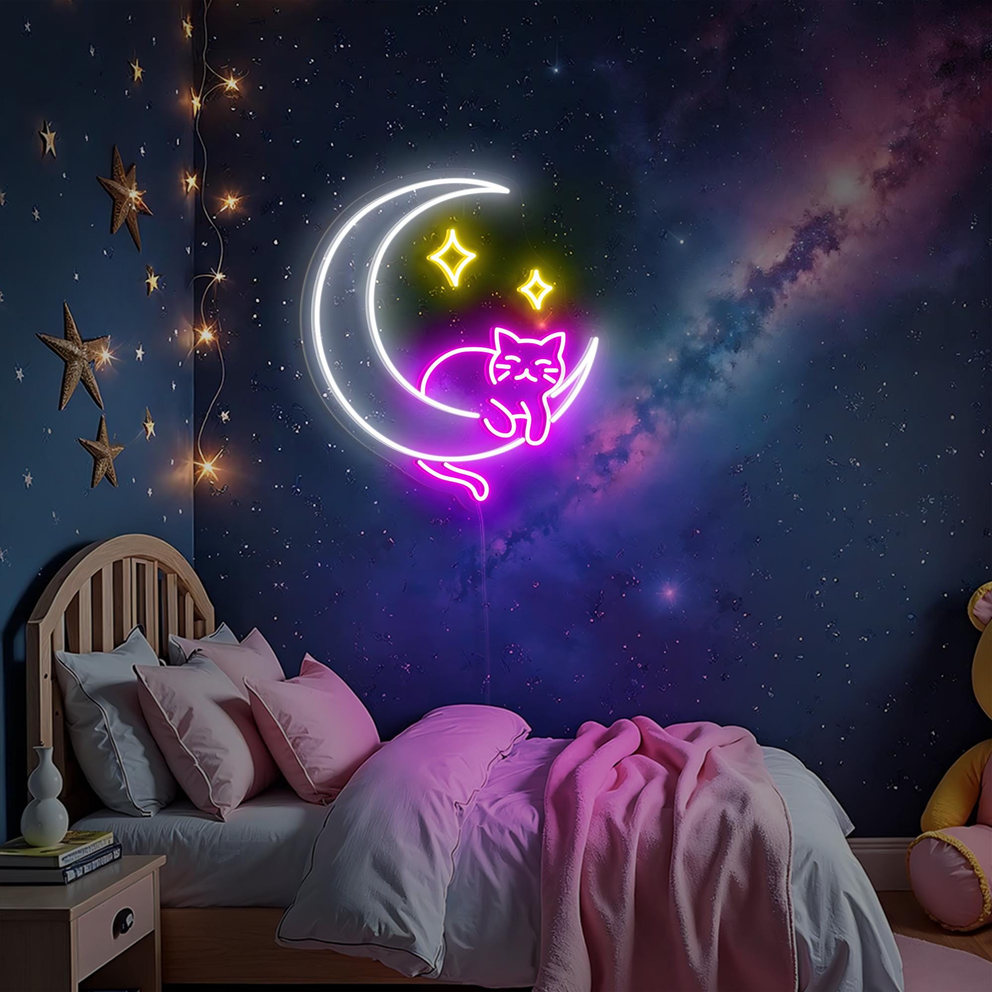 Clumsy Cat Moon Neon Sign Funny Cat Wall Art Cute Cat Led Sign Cat Moon Star Kawaii Cat Wall Art Kawaii Room Decor Girl Game Room Decoration