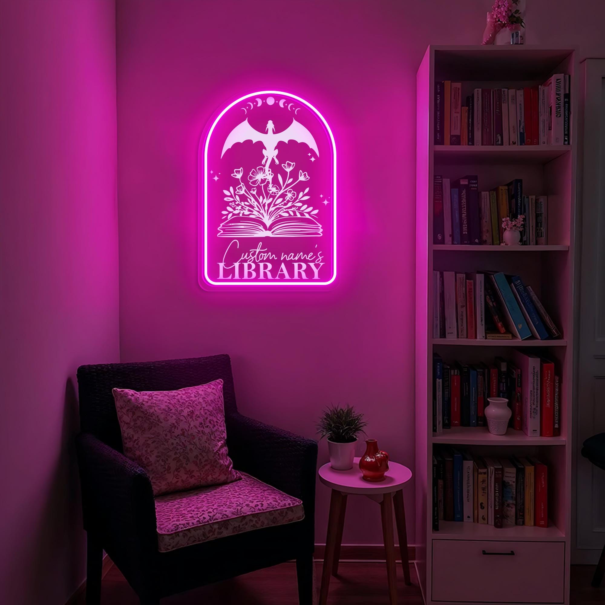 Personalized Library Name LED Neon Sign Fantasy Dragon Custom Name Book Nook Light Reading Corner Decor Gift for Book Lover & Fantasy Reader