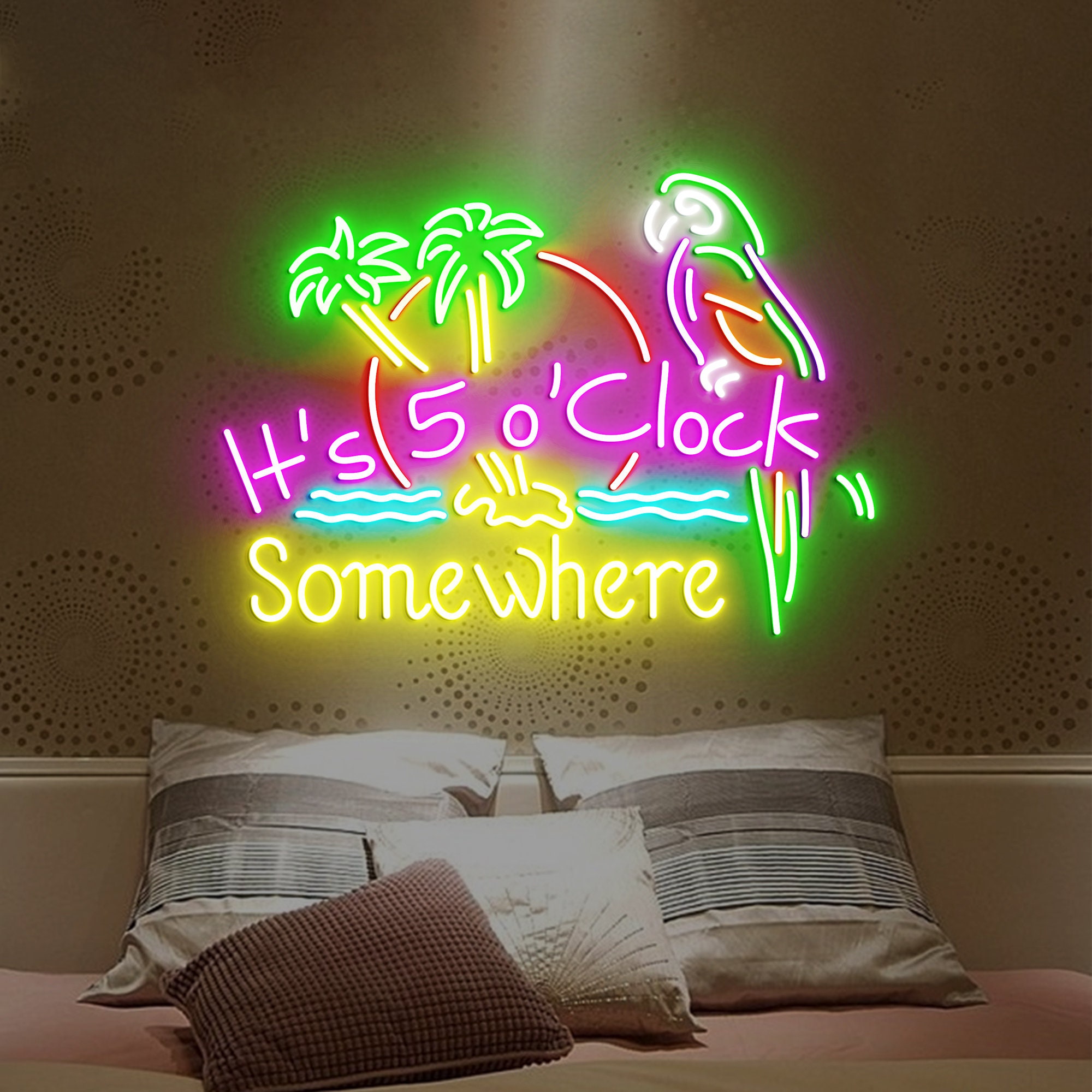 It's 5 O'clock Somewhere Neon Sign, Bar Led Sign, Parrot Neon Light, Beach Neon Sign, Cocktail Bar Sign, Tiki Bar Logo Neon Sign