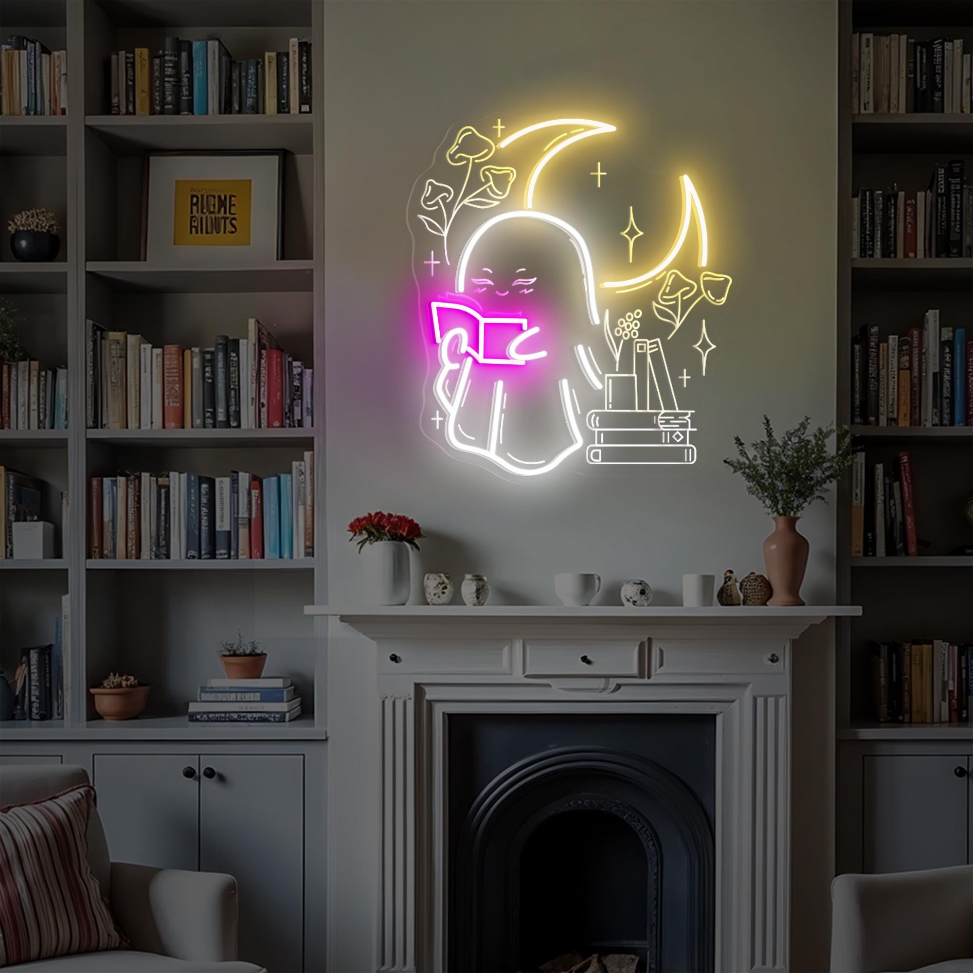 Ghost Reading Book Neon Light Boo Reading Books Bedroom Neon Sign Bedroom Neon Lights Led Neon Light Wall Decoration Neon Sign Light Decor