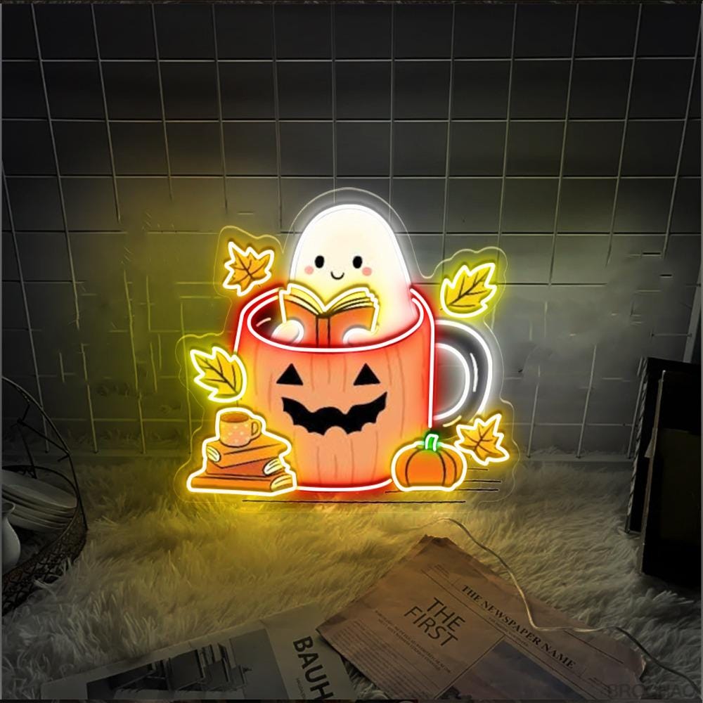 Ghosts Reading Books Neon Sign, Books Lover Ghost Gift, Cute Little Ghost Neon, Womens Halloween Neon, Spooky Season Neon, Fall Graphic Neon