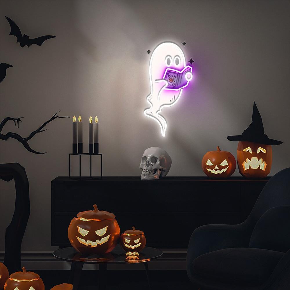 Ghosts Reading Books Neon Sign, Books Lover Ghost Gift, Cute Little Ghost Neon, Womens Halloween Neon, Spooky Season Neon, Fall Graphic Neon