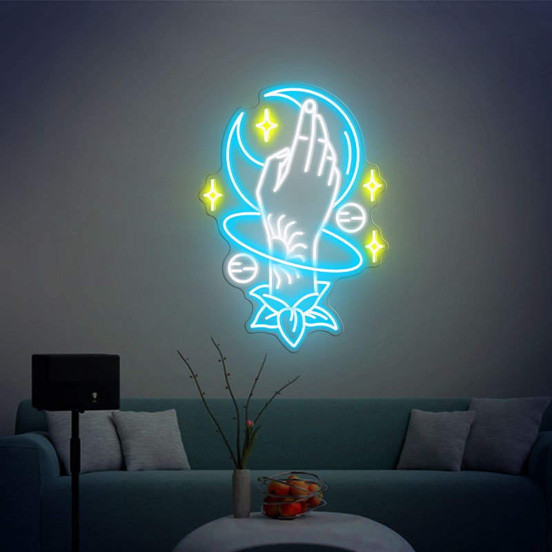 Galaxy Moon And Stars Hand Neon Sign For Bedroom, Cafe, Studio Led Neon Sign