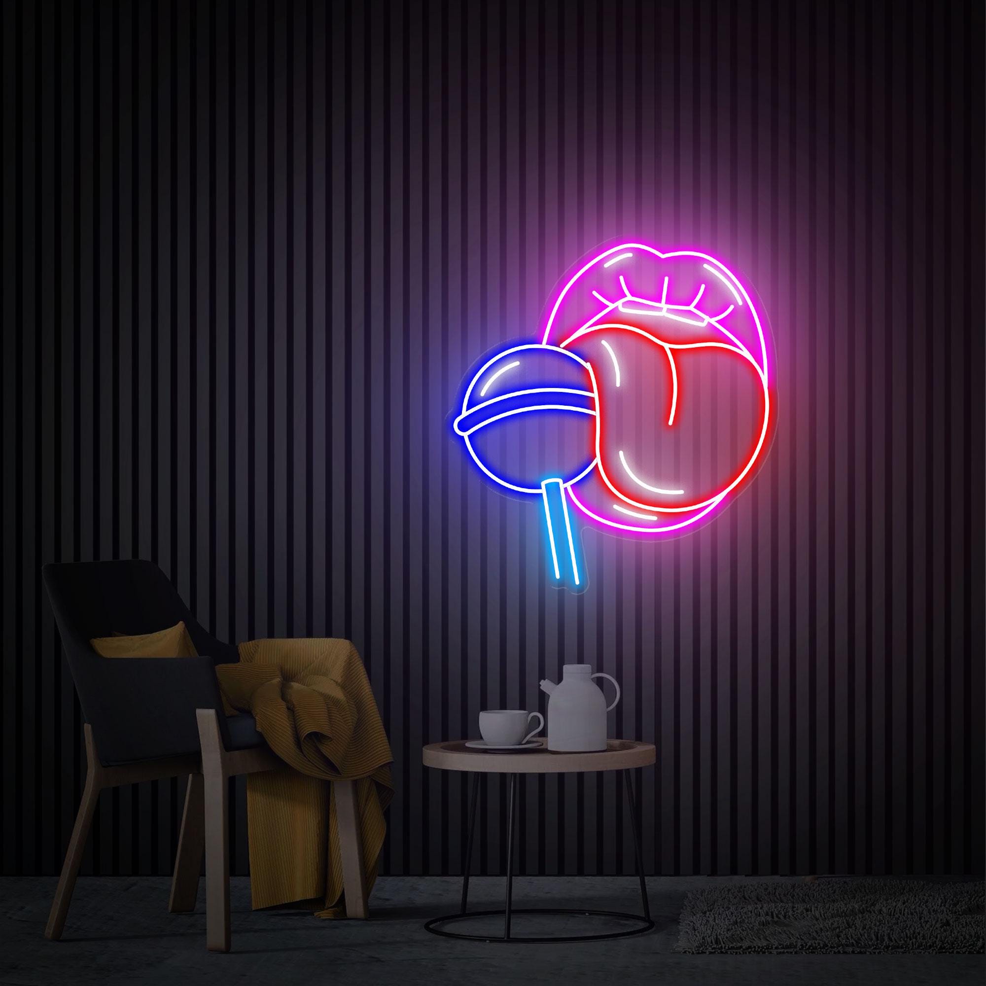 Lips with Lollipop Neon Sign, Red Lips Girl LED Sign, Lips and Tongue Neon Wall Art, Custom Neon Sign, Home Bedroom Decor, Beauty Wall Light